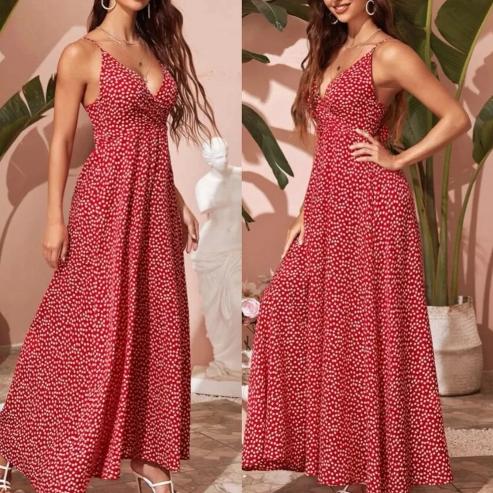 Boho red floral print open tie back back maxi dress - Picture 2 of 5